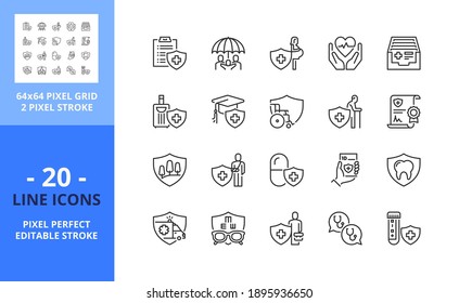 Line Icons About Health Insurance. Health Care. Contains Such Icons As Medical, Family, Dental, Diagnostic, Reproduction, Accident, Vision Insurances. Editable Stroke. Vector - 64 Pixel Perfect Grid.