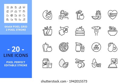 Line icons about healthy food. Contains such icons as vegan poduct, fruit, vegetables, superfoods, gmo free, plant milk and smoothies. Editable stroke. Vector - 64 pixel perfect grid