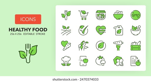 Line icons about healthy food. Contains such icons as vegan, organic label, diet and more. 256x256 Pixel Perfect editable in two colors