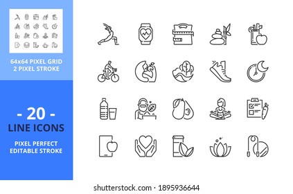 Line icons about healthy lifestyle. Health care. Contains such icons as vegan food, diet, sport, meditation, mindfulness, superfoods and fitness. Editable stroke. Vector - 64 pixel perfect grid.