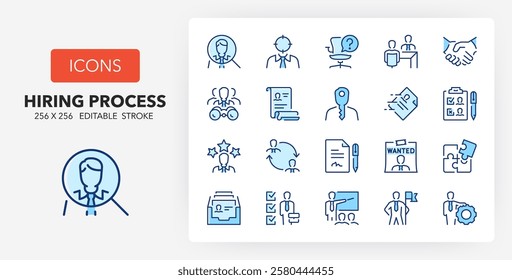 Line icons about hiring process, human resources concepts. Contains such icons as recruitment, head hunting, interview and more. 256x256 Pixel Perfect editable in two colors