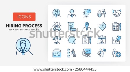 Line icons about hiring process, human resources concepts. Contains such icons as recruitment, head hunting, interview and more. 256x256 Pixel Perfect editable in two colors