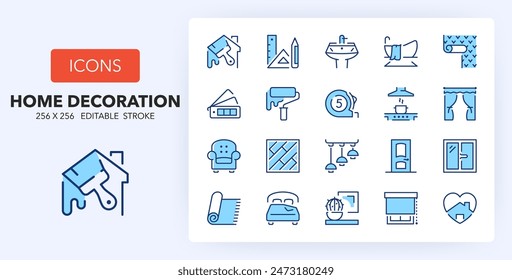 Line icons about home decoration and renovation. Contains such icons as wallpaper, illumination, flooring and more. 256x256 Pixel Perfect editable in two colors