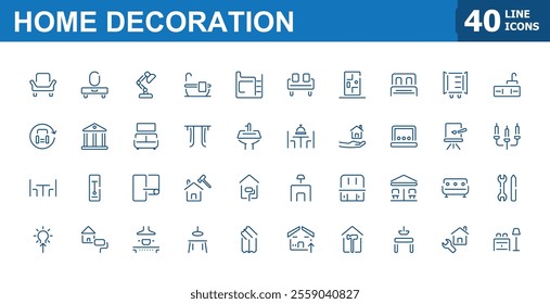 Line icons about home Decoration. Minimalist icon set of construction, architecture and interior design. Editable stroke and pixel perfect.