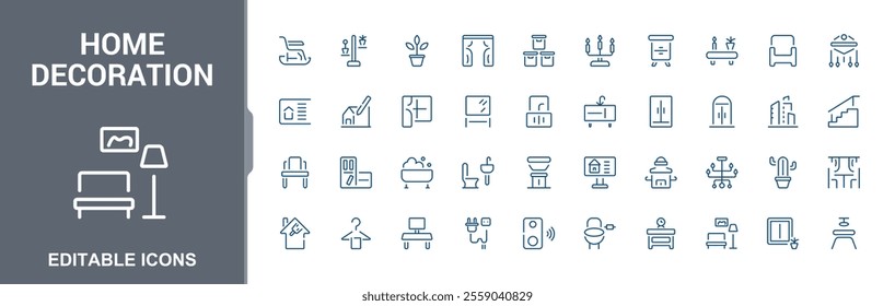 Line icons about home Decoration. Minimalist icon set of construction, architecture and interior design. Editable stroke and pixel perfect.