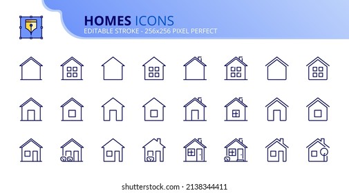 Line icons about home and real estate. Contains such icons as diferents houses with window, door, chimney and garden. Editable stroke Vector 256x256 pixel perfect