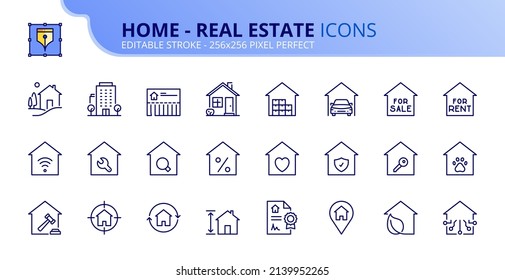 Line icons about home and real estate. Contains such icons as country house, apartments, search for sale or for rent, mortgage and insurance. Editable stroke Vector 256x256 pixel perfect