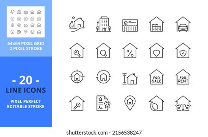 Line icons about home and real estate. Contains such icons as country house, apartments, search for sale or for rent, mortgage and insurance. Editable stroke. Vector - 64 pixel perfect grid