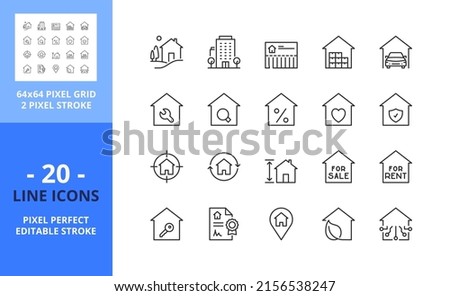 Line icons about home and real estate. Contains such icons as country house, apartments, search for sale or for rent, mortgage and insurance. Editable stroke. Vector - 64 pixel perfect grid