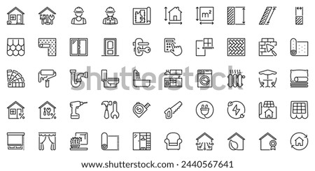 Line icons about home renovation as comprehensive reforms, rehabilitation, construction, architecture and interior design. Editable stroke and pixel perfect.