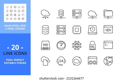 Line icons about hosting and cloud network. Contains such icons as database, folder, file, transfer, SSL, DNS, VPN, VPS andd domain. Editable stroke. Vector - 64 pixel perfect grid