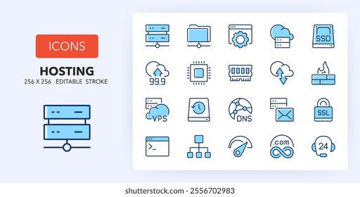 Line icons about hosting and cloud computing networks concepts. Contains such icons as database, domains, VPS and more. 256x256 Pixel Perfect editable in two colors