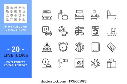 Line icons about hotel. Contains such icons as airport transfer, luggage, bedroom, parking, breakfast, restaurant, and reception service. Editable stroke. Vector - 64 pixel perfect grid