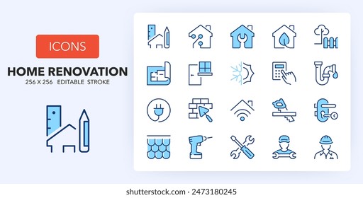 Line icons about house building and renovation. Contains such icons as design, repair, masonry and more. 256x256 Pixel Perfect editable in two colors