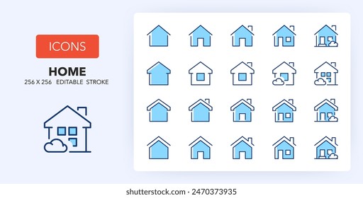 Line icons about house models. 256x256 Pixel Perfect editable in two colors