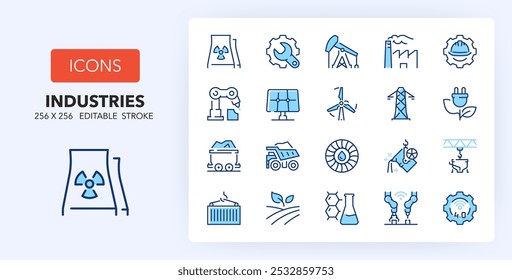 Iconos de líneas sobre sectores industriales. Contiene iconos como la minería, la energía solar, la robótica y más. 256x256 Pixel Perfecto editable en dos colores