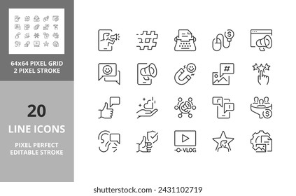 Line icons about influencers and social media marketing. Editable vector stroke. 64 and 256 Pixel Perfect scalable to 128px...