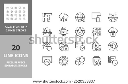 Line icons about information technoligies. Contains such icons as cloud computing, internet, digital transformation and more. Editable vector stroke. 64 and 256 Pixel Perfect scalable to 128px...
