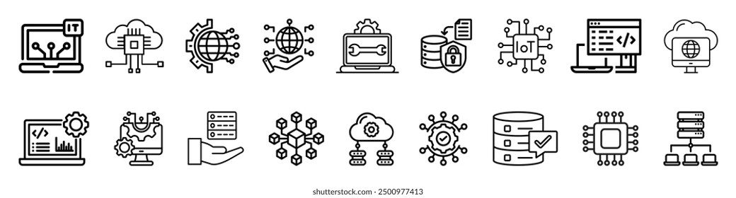 Line icons about information technologies. Network, cloud computing, digital transformation, computer, software, progress, programming, data, internet collection. IT editable stroke icon collection.