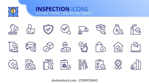 Line icons about inspection. Contains such icons as quality control, security verified, auditing and analysis. Editable stroke. Vector 256x256 pixel perfect.