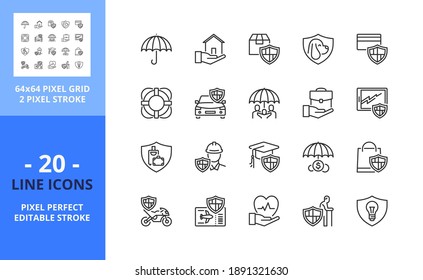 Line icons about insurance. Contains such icons as protection, home, health, shopping, car, trip, accident and savings insurances. Editable stroke. Vector - 64 pixel perfect grid.