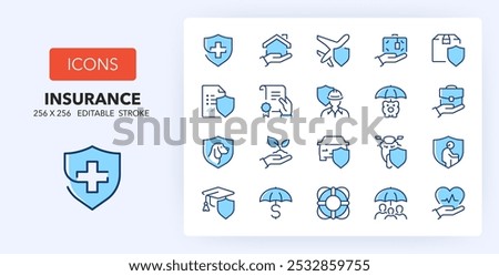 Line icons about insurance and protection concepts. Contains such icons as retirement, medical insurance, policy and more. 256x256 Pixel Perfect editable in two colors