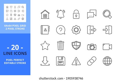 Line icons about interface 1. Contains such icons as home, applications, trash, favorite, search, alarm, login and settings. Editable stroke. Vector - 64 pixel perfect grid