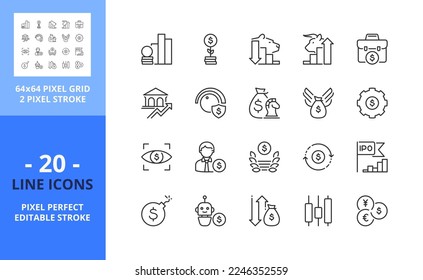 Iconos de línea sobre la inversión. Concepto financiero. Contiene íconos como la bolsa de valores, el mercado alcista y del oso, el riesgo de capital y la oferta pública inicial. Trazo editable. Vector: cuadrícula perfecta de 64 píxeles