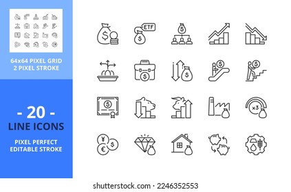 Line icons about investment fund. Financial concept. Contains such icons as ETF and mutual funds, commodities and stock. Editable stroke. Vector - 64 pixel perfect grid