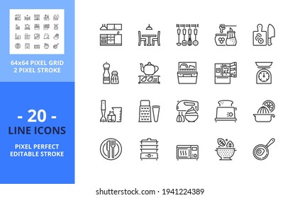 Iconos de línea sobre la cocina. Contiene íconos como utensilios de cocina, comedor, tetera, lavavajillas, nevera, cuchillo, batidora, y tetera. Trazo editable. Vector: cuadrícula perfecta de 64 píxeles