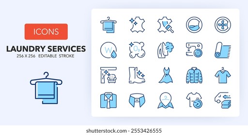 Line icons about laundry services. Contains such icons as leather dry cleaning, laundromat, ironing and more. 256x256 Pixel Perfect editable in two colors