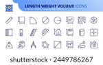 Line icons about length, weight and volume. Contains such icons as ruler, square, triangle and circle. Editable stroke. Vector 256x256 pixel perfect.