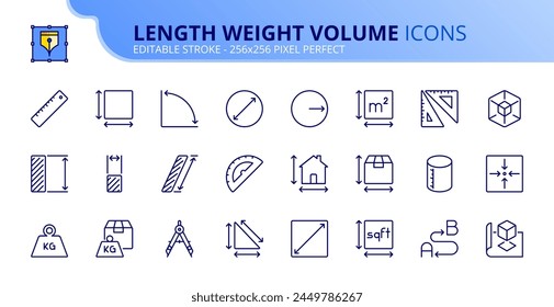 Line icons about length, weight and volume. Contains such icons as ruler, square, triangle and circle. Editable stroke. Vector 256x256 pixel perfect.