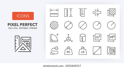 Line icons about length, weight and volume. Contains such icons as ruler, m2, area and more. Editable vector stroke. 256 Pixel Perfect scalable to 128px...