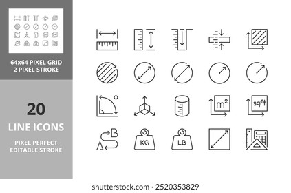 Iconos de línea sobre longitud, peso y volumen. Contiene íconos como Regla, m2, área y más. Trazo de Vector editable. 64 y 256 Pixel Perfecto escalable a 128px...