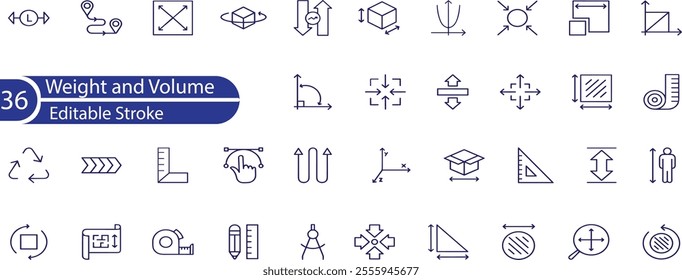 Line icons about length, weight and volume. Contains such icons as ruler, m2, area and more. Editable vector stroke