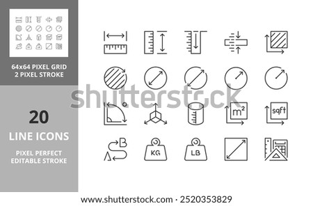 Line icons about length, weight and volume. Contains such icons as ruler, m2, area and more. Editable vector stroke. 64 and 256 Pixel Perfect scalable to 128px...