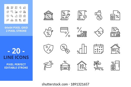 Iconos de línea sobre el préstamo. Contiene iconos como banco, día de pago, calculadora, IMPUESTO, tarjeta de crédito, efectivo, intereses y seguros. Trazo editable. Vector: cuadrícula perfecta de 64 píxeles.