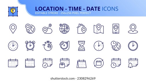 Iconos de línea sobre ubicación, hora y fecha. Contiene iconos como reloj, programación, calendario y pin. Vector de trazo editable de 256x256 píxeles perfecto