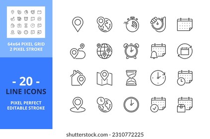 Line icons about location, time and date. Contains such icons as clock, schedule, calendar and pin. Editable stroke. Vector - 64 pixel perfect grid