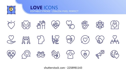 Line icons about love. Contains such icons as donate, friendship, care, solidarity and ethical business. Editable stroke Vector 256x256 pixel perfect