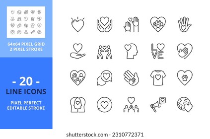 Iconos de línea sobre el amor. Contiene íconos como donación, amistad, cuidado, solidaridad y negocios éticos. Trazo editable. Vector: cuadrícula perfecta de 64 píxeles