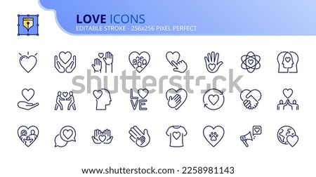Line icons about love. Contains such icons as donate, friendship, care, solidarity and ethical business. Editable stroke Vector 256x256 pixel perfect 商業照片 © 