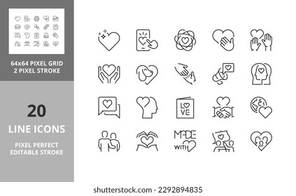 Line icons about love and social responsibility. Editable vector stroke. 64 and 256 Pixel Perfect scalable to 128px