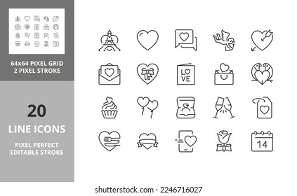 Line icons about love and valentine's day. Editable vector stroke. 64 and 256 Pixel Perfect scalable to 128px