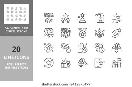 Line icons about loyalty programs. Editable vector stroke. 64 and 256 Pixel Perfect scalable to 128px...