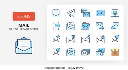 Line icons about mail amd email conceps. Contains such icons as newsletter, spam, sms and more. 256x256 Pixel Perfect editable in two colors