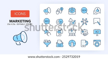 Line icons about marketing and advertising. Contains such icons as campaign, SEO, brand and more. 256x256 Pixel Perfect editable in two colors