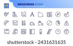 Line icons about measuring. Contains such icons as tape measure, capacity, weight, timer and distance. Editable stroke. Vector 256x256 pixel perfect.