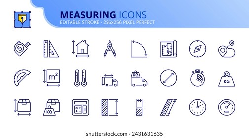 Line icons about measuring. Contains such icons as tape measure, capacity, weight, timer and distance. Editable stroke. Vector 256x256 pixel perfect.